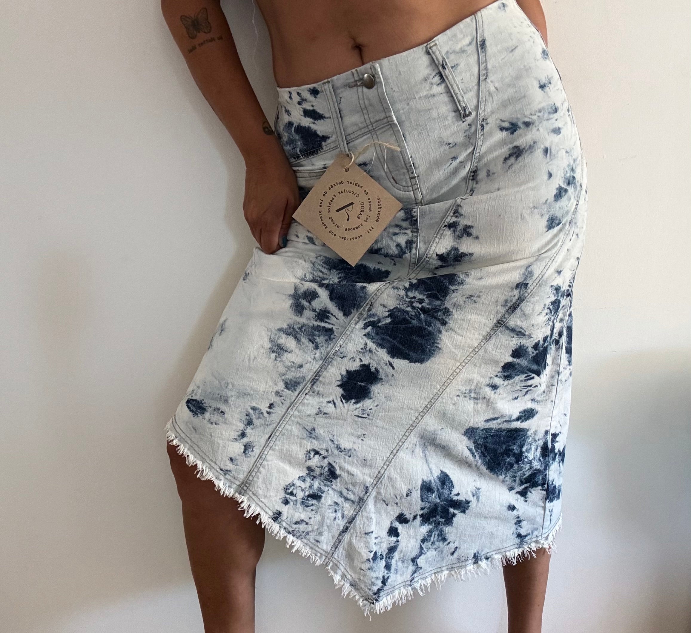 Vintage Nevada Asymmetric Denim Skirt Tie Dye Blue White XL | Bardo