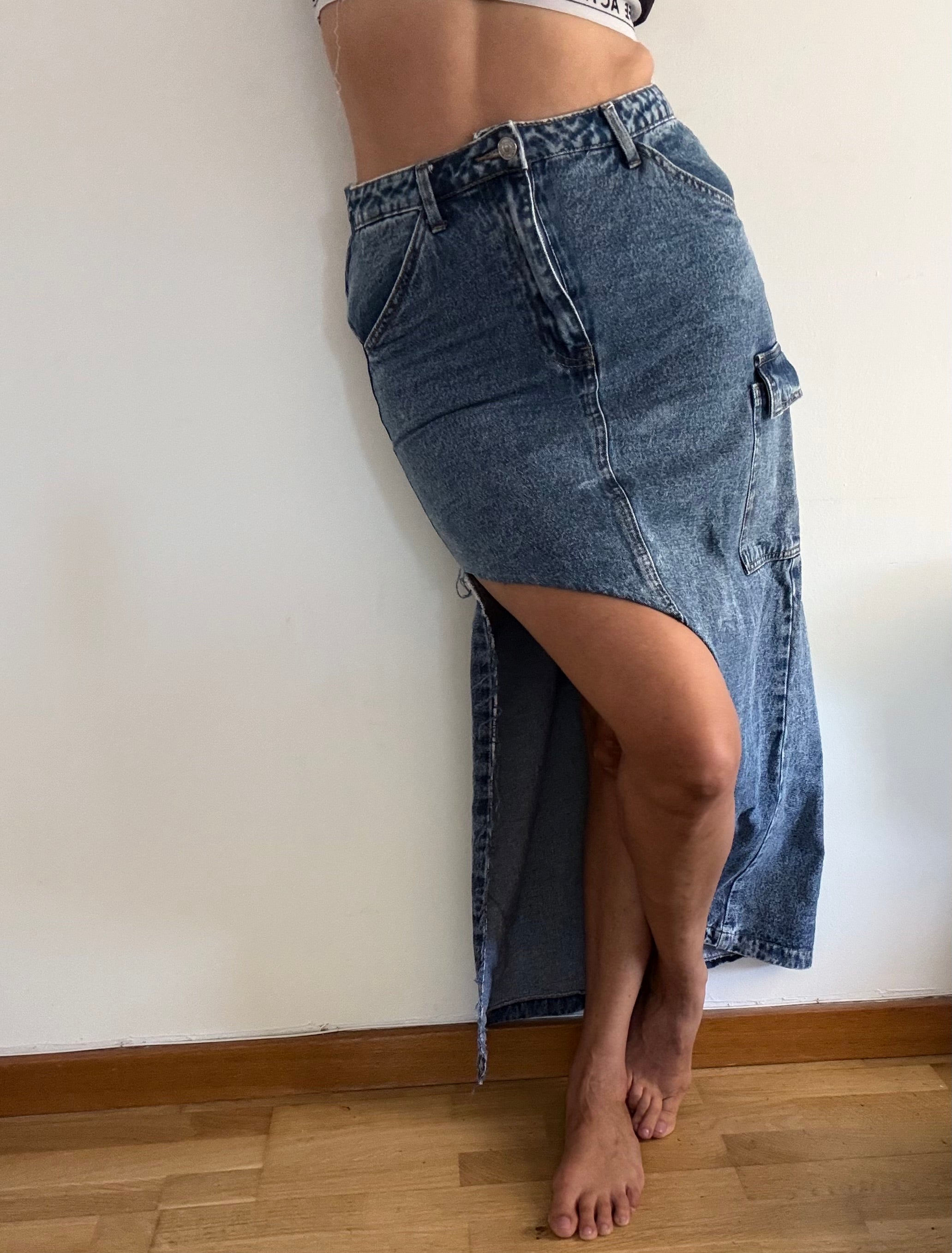Unique Reworked Asymmetric Denim Skirt Side Slit Cargo Pocket Blue | Bardo