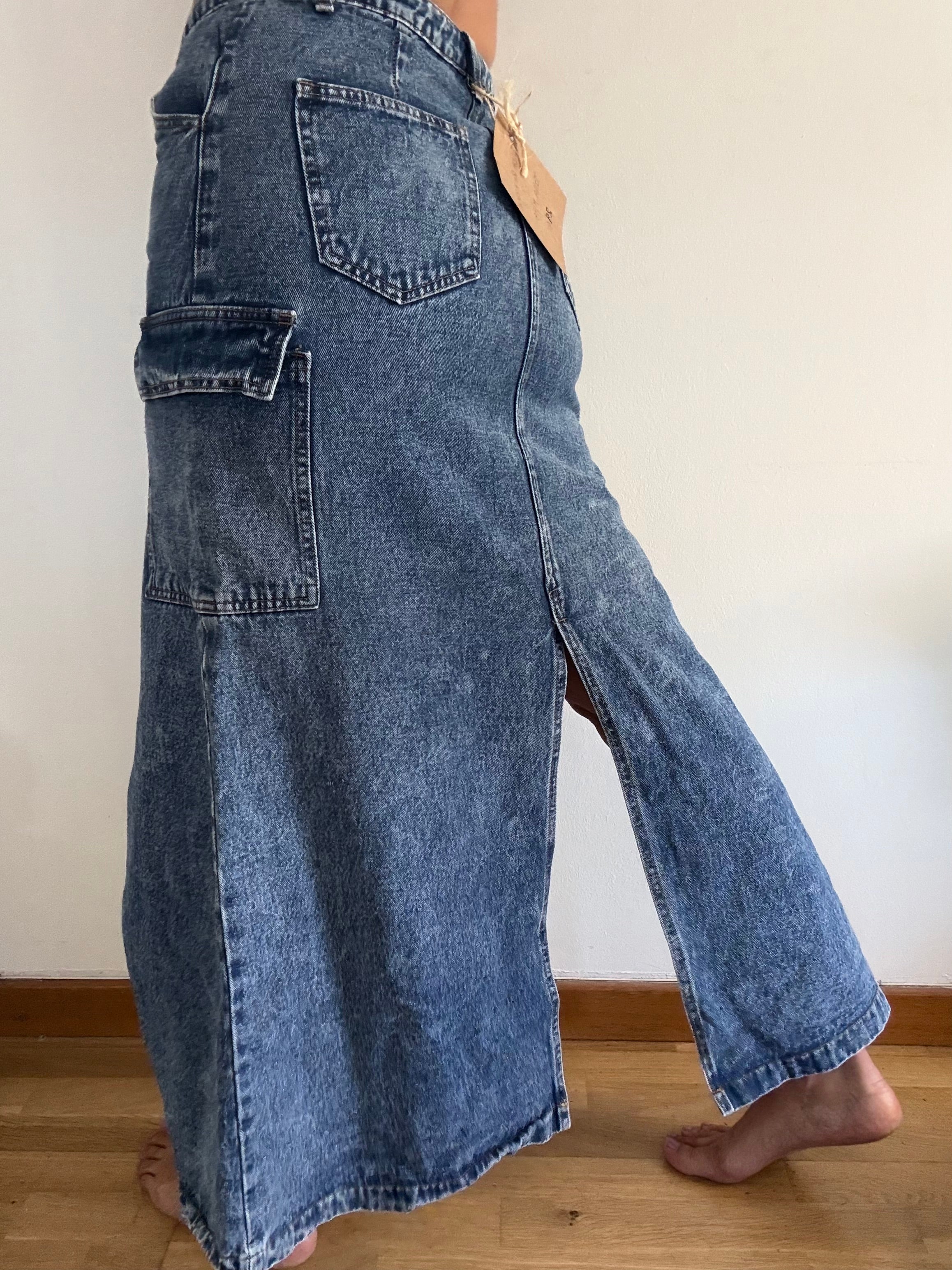 Unique Reworked Asymmetric Denim Skirt Side Slit Cargo Pocket Blue | Bardo