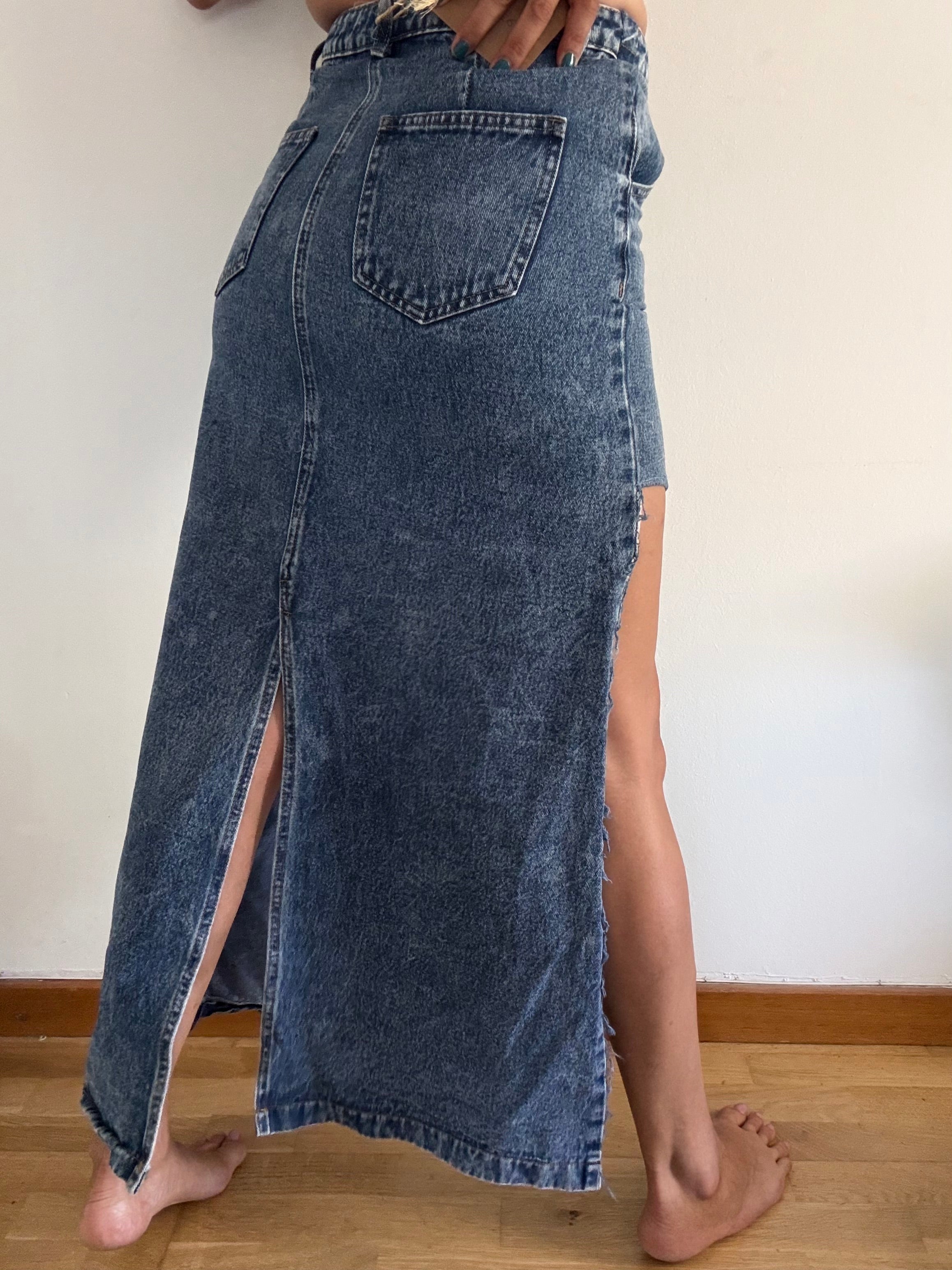 Unique Reworked Asymmetric Denim Skirt Side Slit Cargo Pocket Blue | Bardo