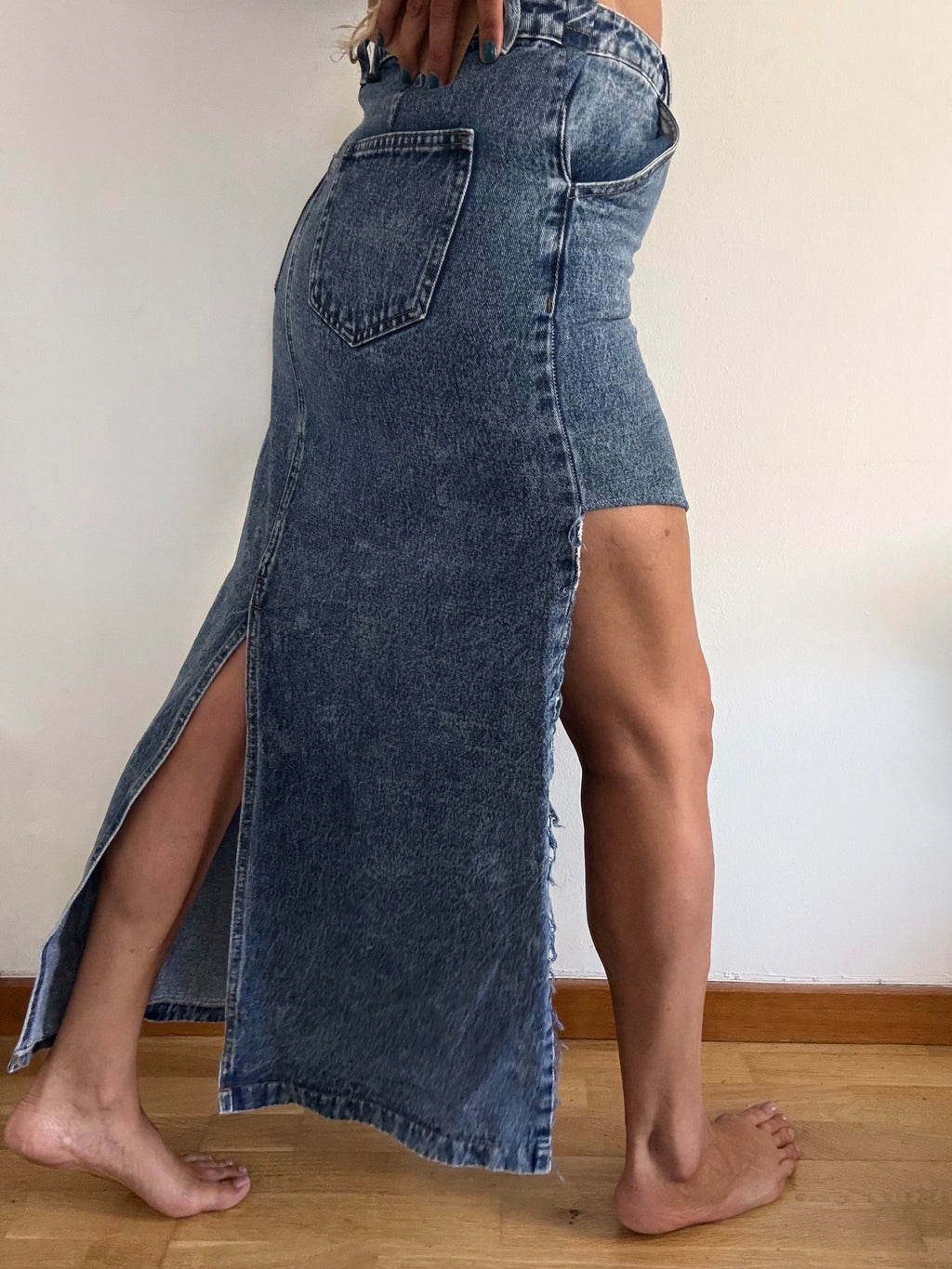 Unique Reworked Asymmetric Denim Skirt Side Slit Cargo Pocket Blue | Bardo