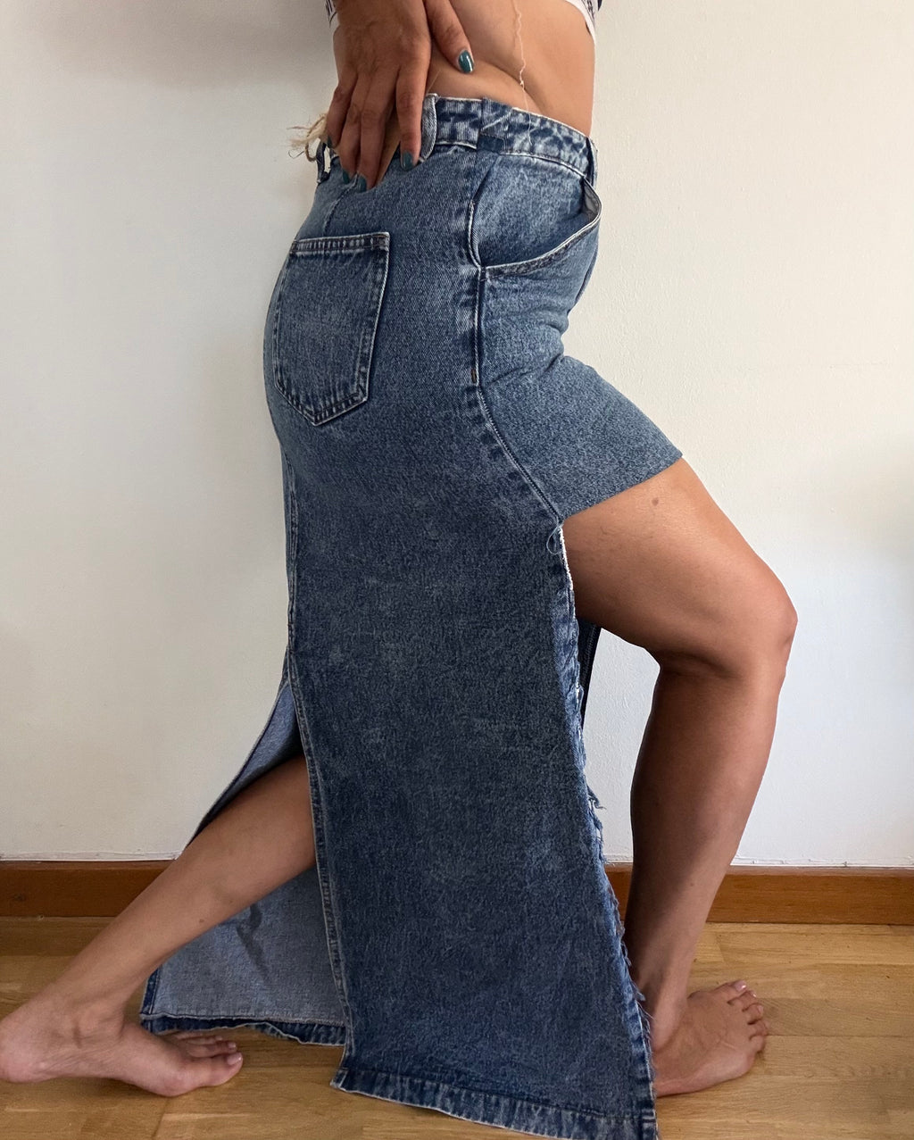 Unique Reworked Asymmetric Denim Skirt Side Slit Cargo Pocket Blue | Bardo