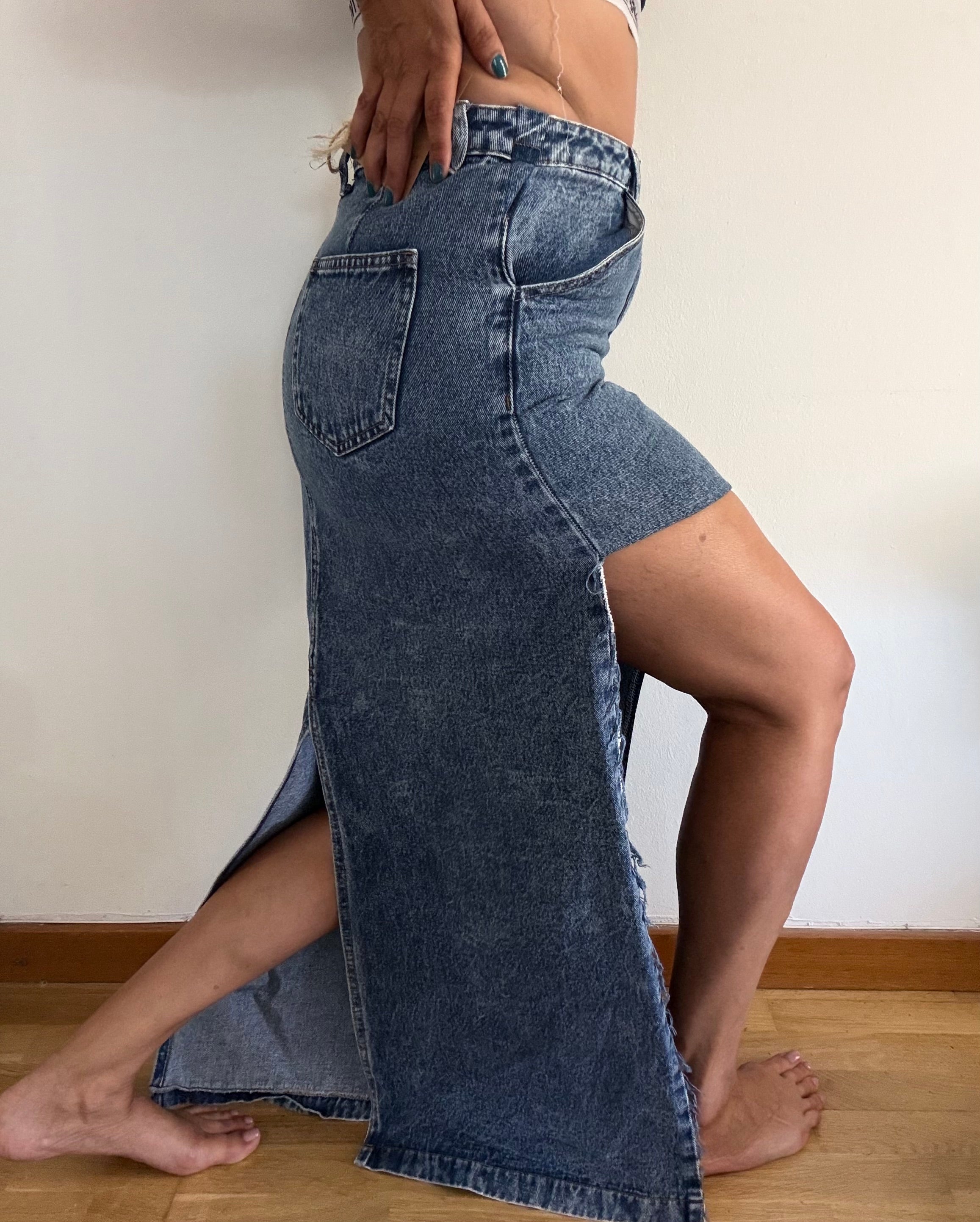 Unique Reworked Asymmetric Denim Skirt Side Slit Cargo Pocket Blue | Bardo