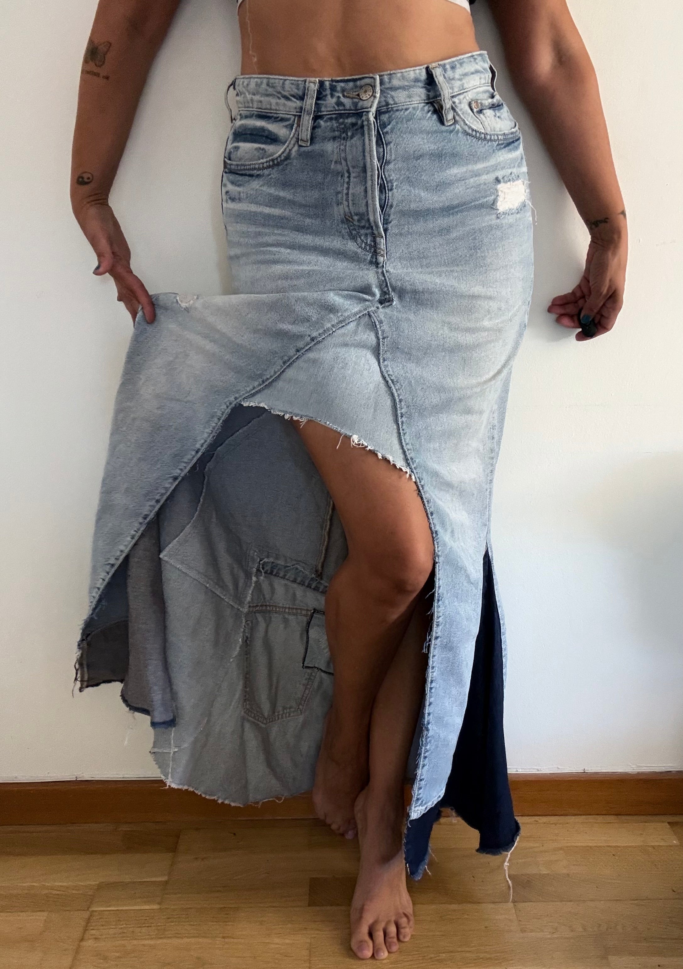Unique Reworked Denim Maxi Skirt High Low Raw Hem Blue | Bardo