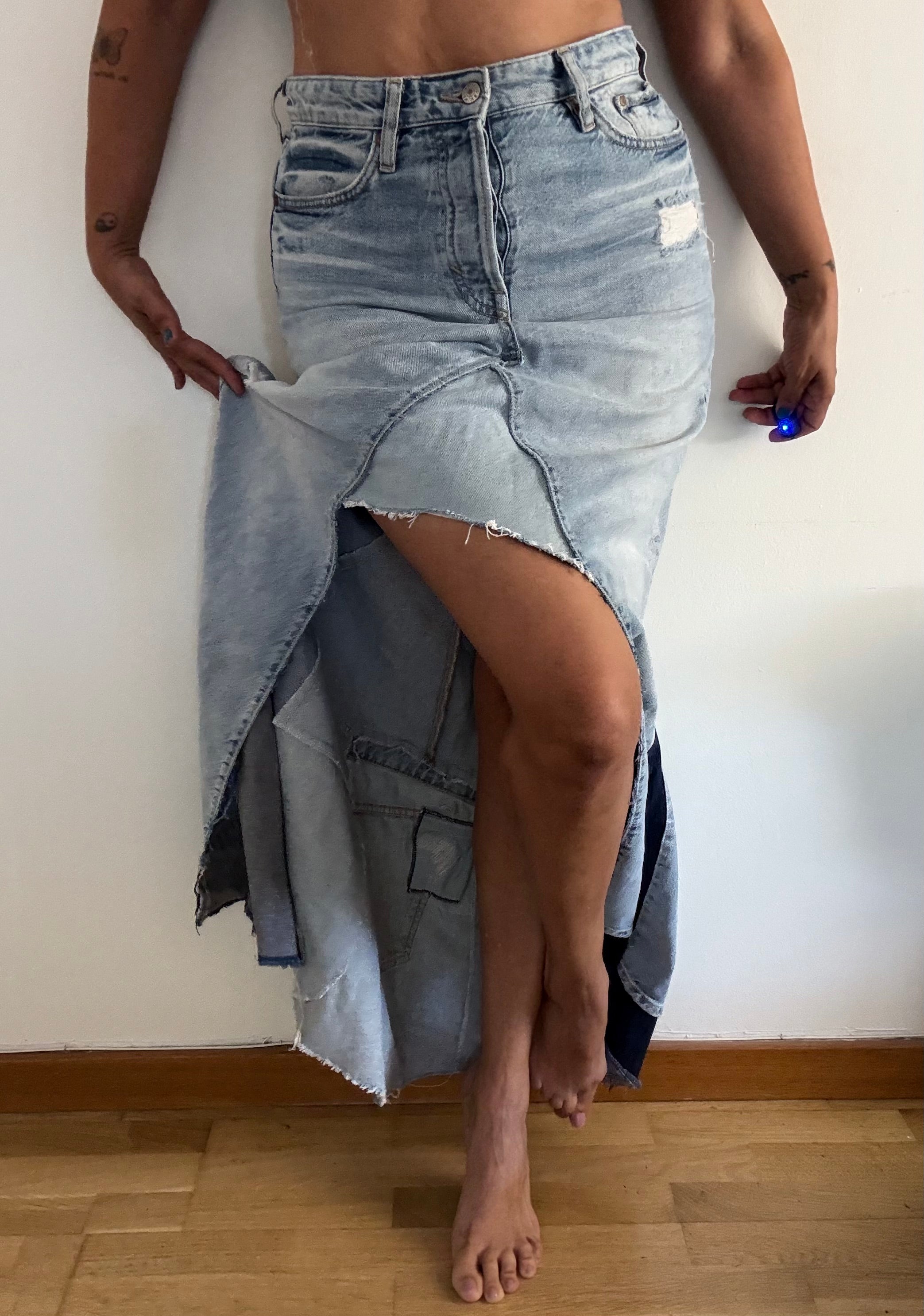 Unique Reworked Denim Maxi Skirt High Low Raw Hem Blue | Bardo