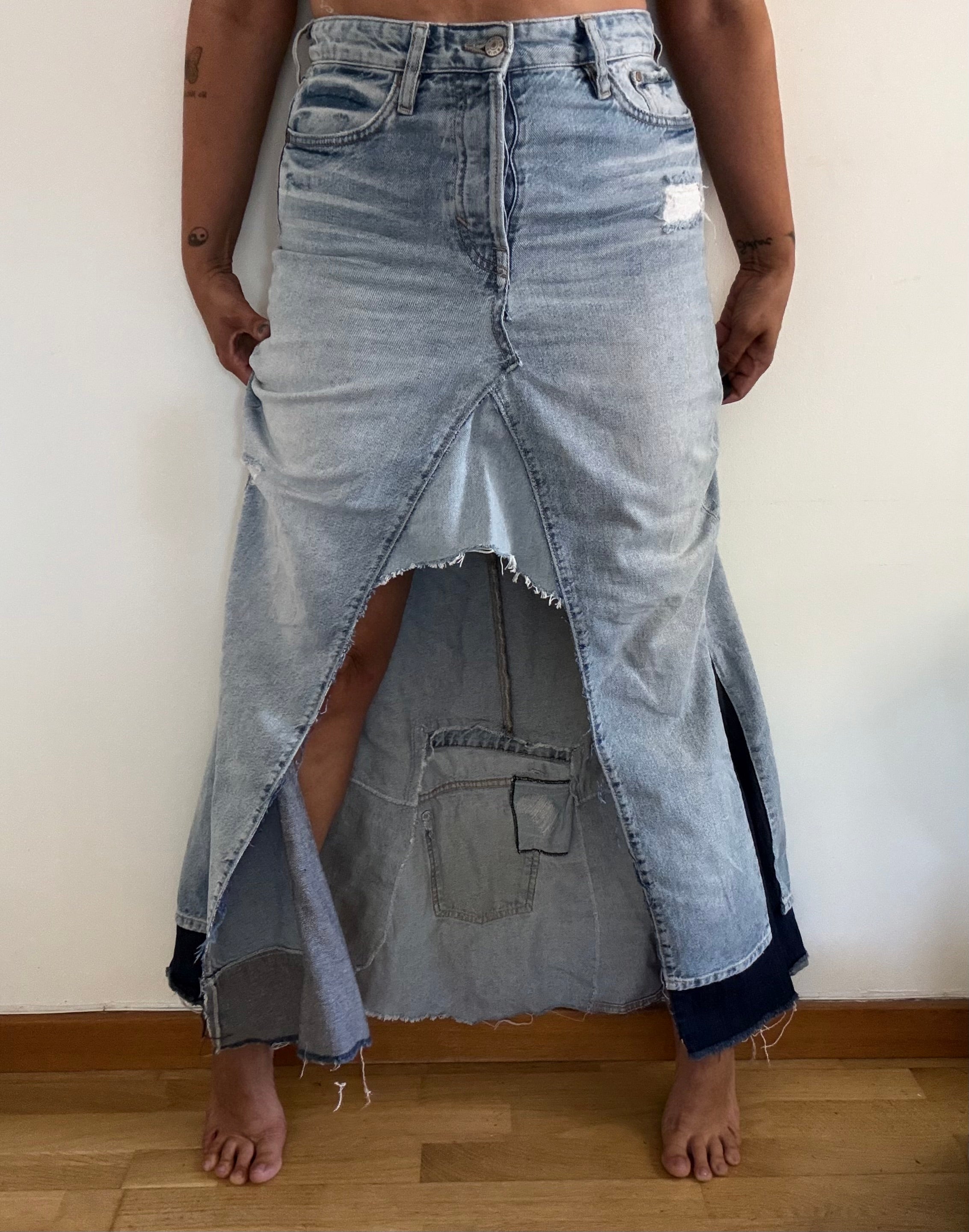Unique Reworked Denim Maxi Skirt High Low Raw Hem Blue | Bardo