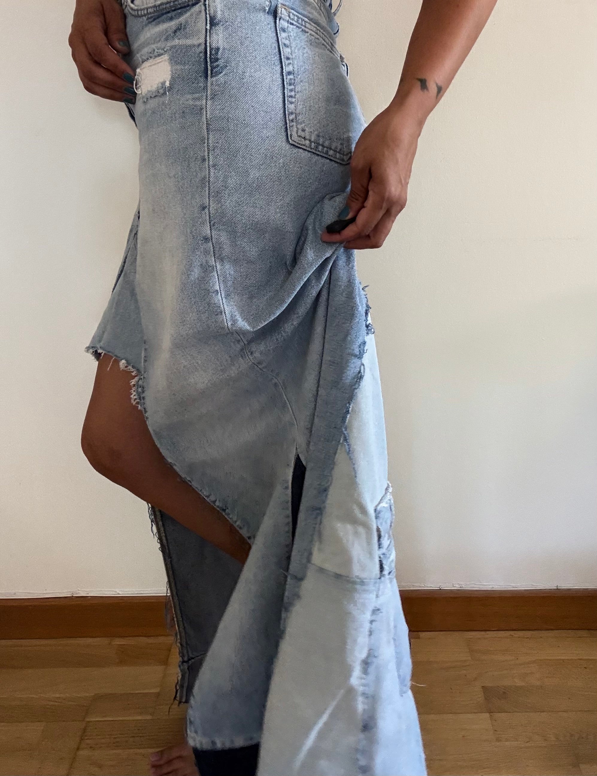 Unique Reworked Denim Maxi Skirt High Low Raw Hem Blue | Bardo