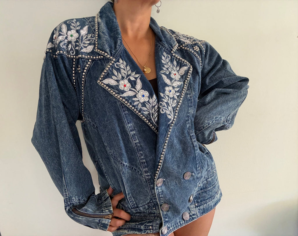 Vintage 90s Jazzino Embellished Denim Jacket Oversize Blue XL | Bardo