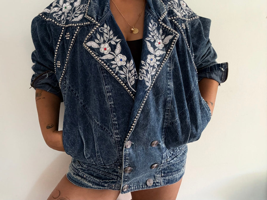 Vintage 90s Jazzino Embellished Denim Jacket Oversize Blue XL | Bardo