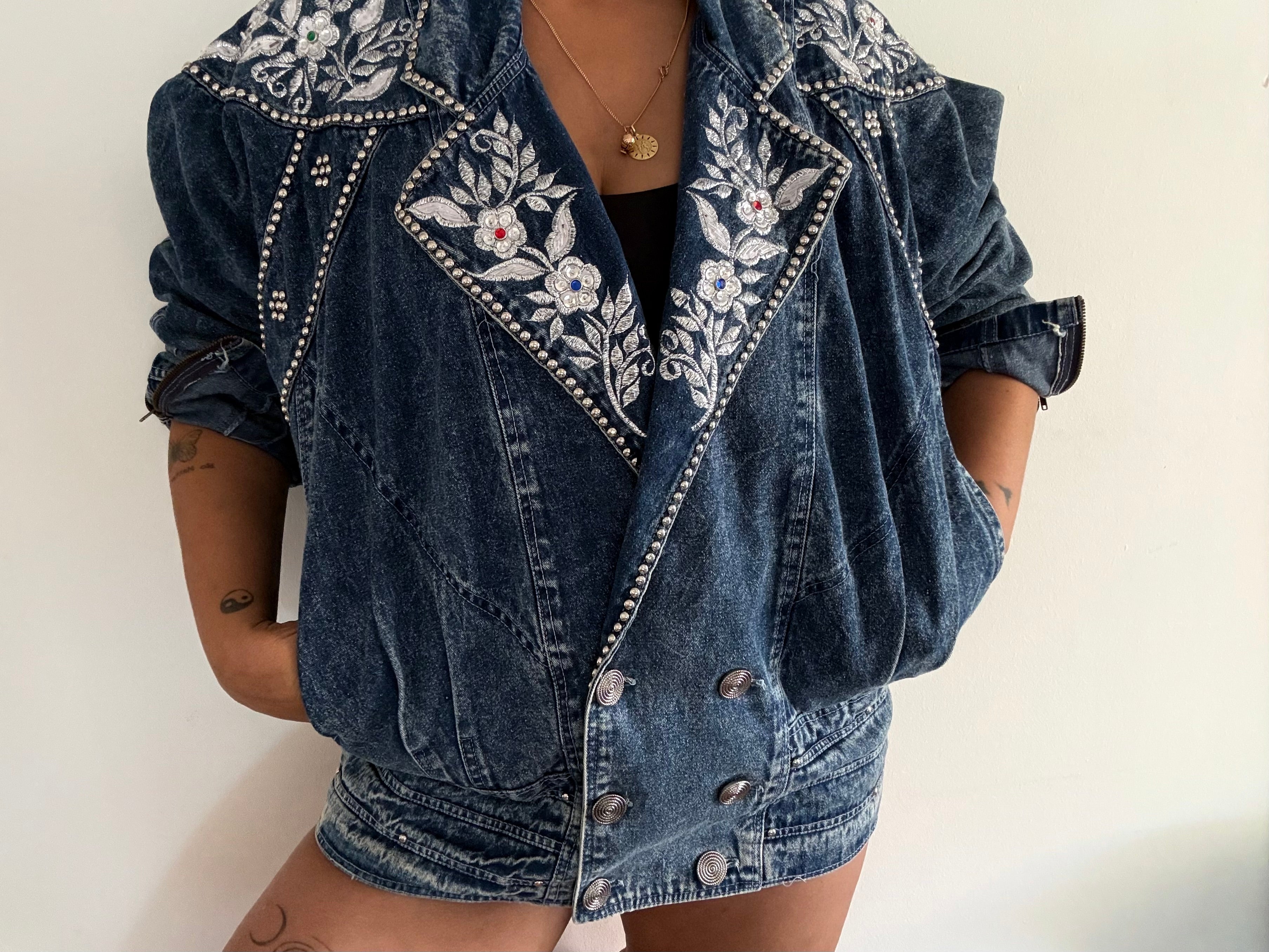 Vintage 90s Jazzino Embellished Denim Jacket Oversize Blue XL | Bardo