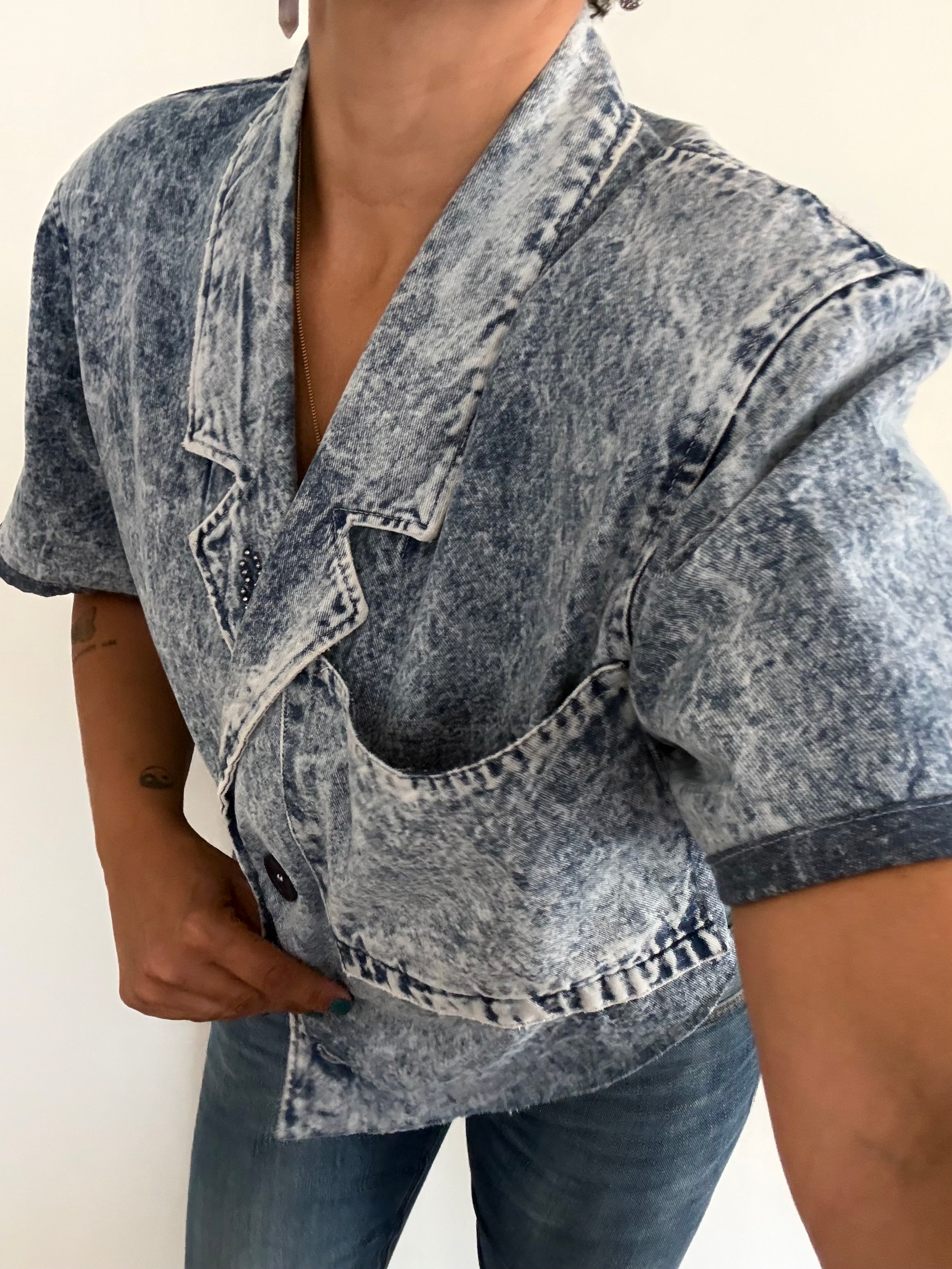 Unique Reworked 80s Cropped Denim Blazer Open Back Blue | Bardo