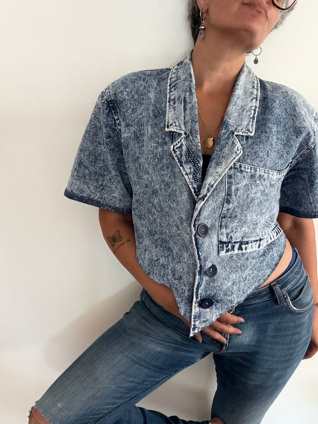 Unique Reworked 80s Cropped Denim Blazer Open Back Blue | Bardo