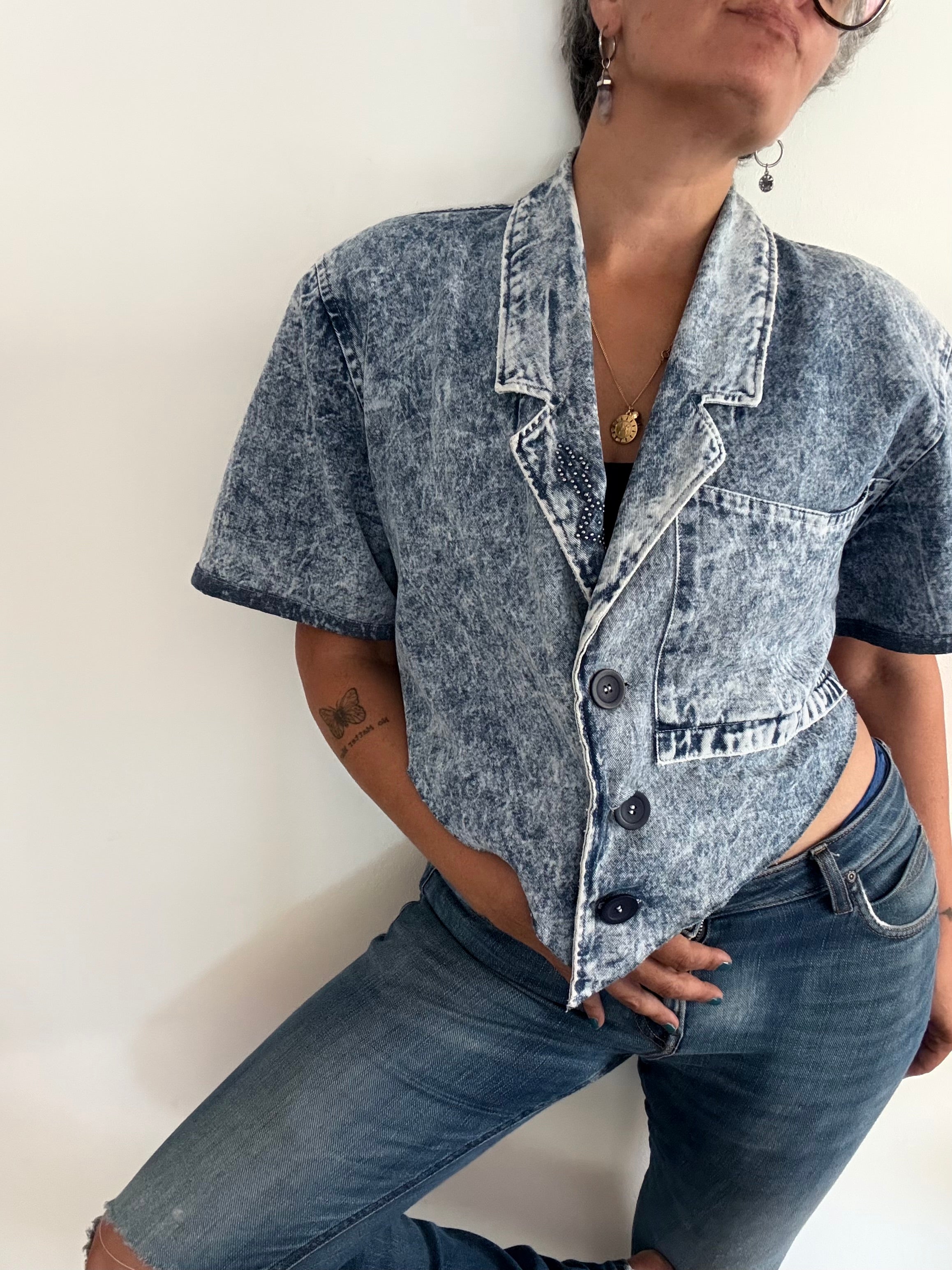 Unique Reworked 80s Cropped Denim Blazer Open Back Blue | Bardo