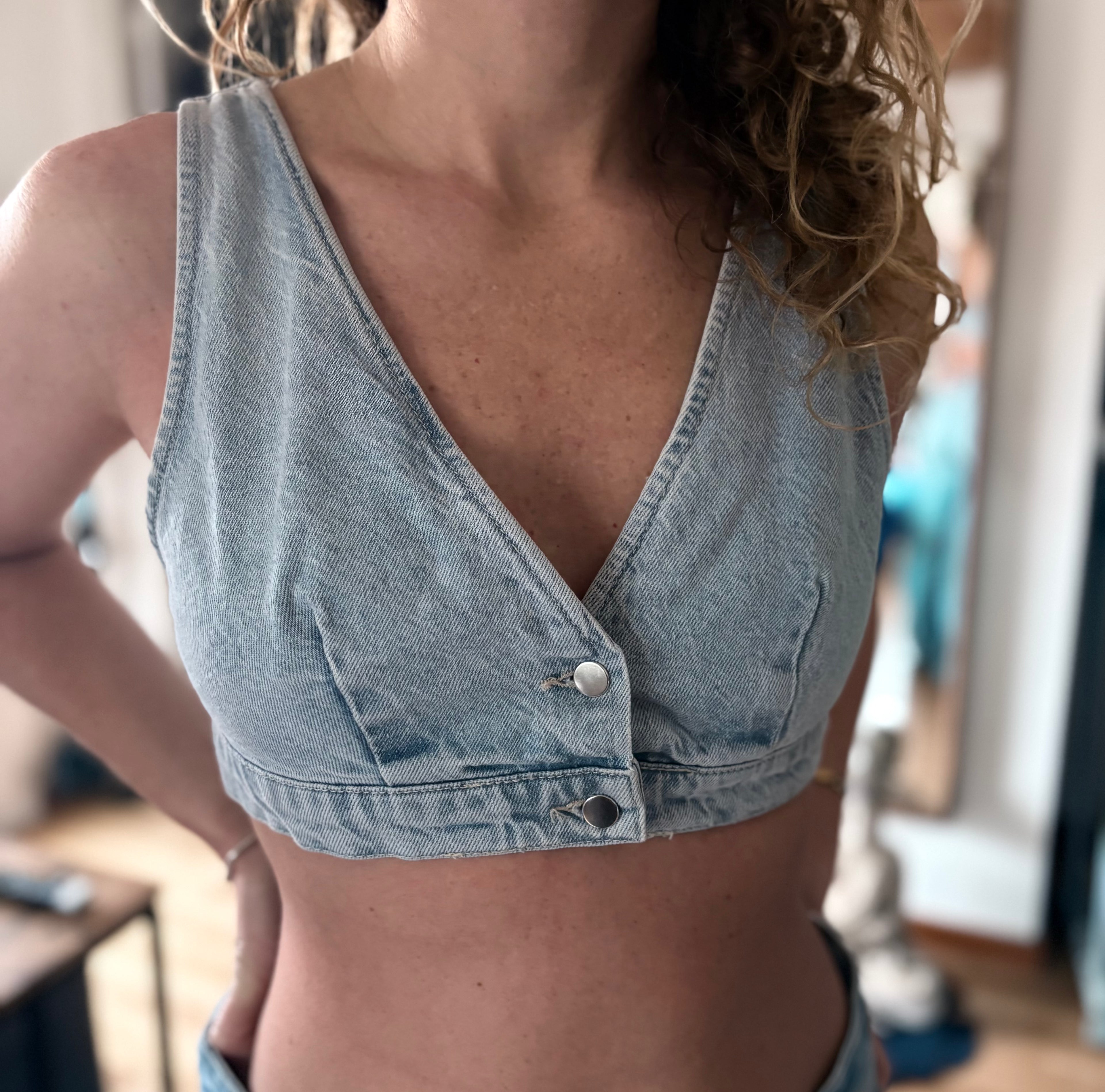 Y2K Denim Bustier Top Button Front Fitted Blue | Bardo