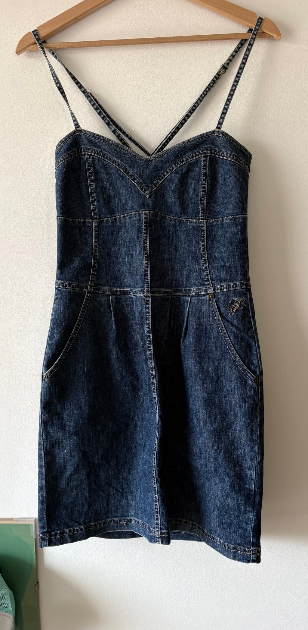 Y2K Denim Mini Dress Stretch Fitted Structured Seams Blue | Bardo