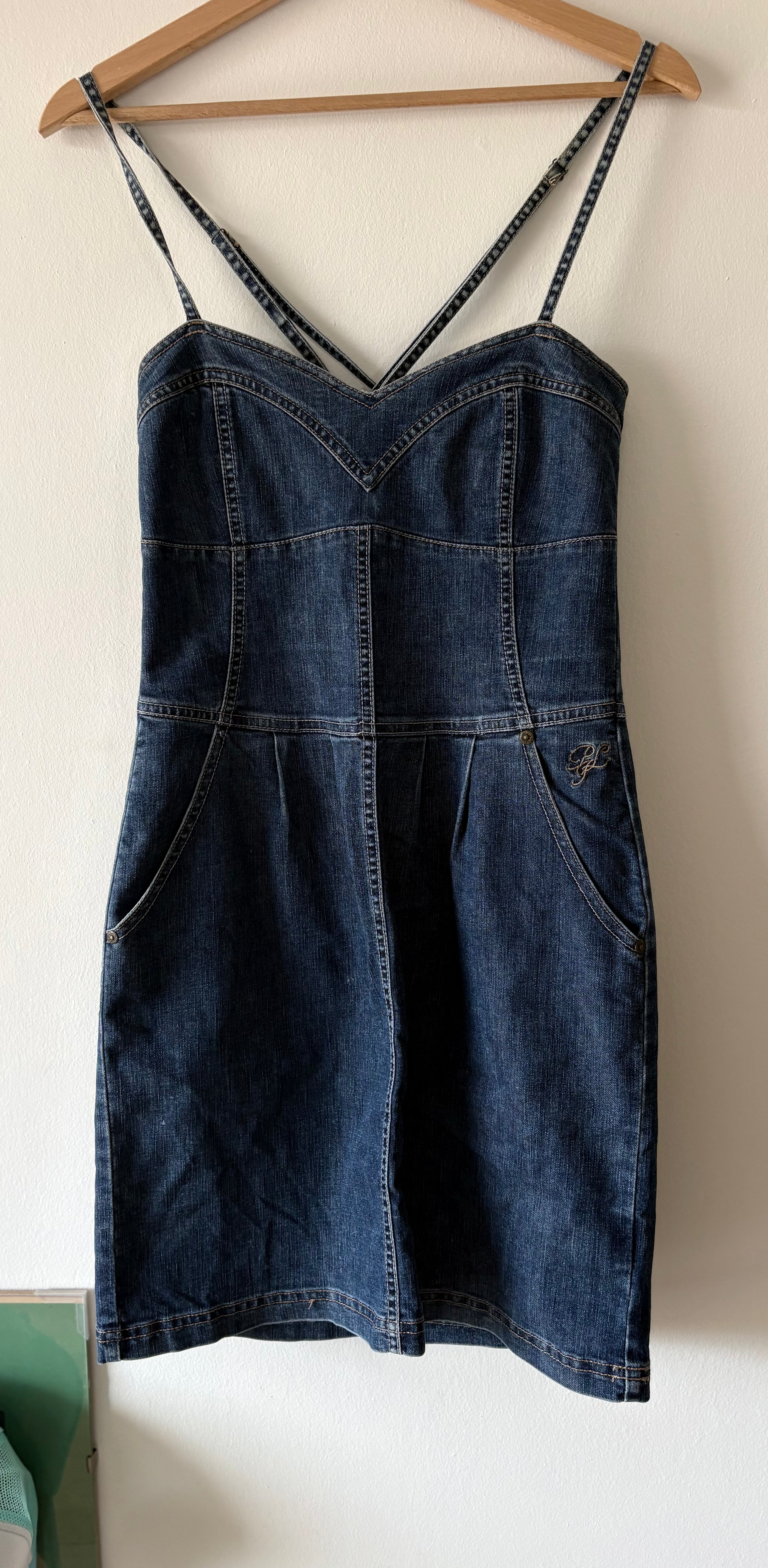 Y2K Denim Mini Dress Stretch Fitted Structured Seams Blue | Bardo
