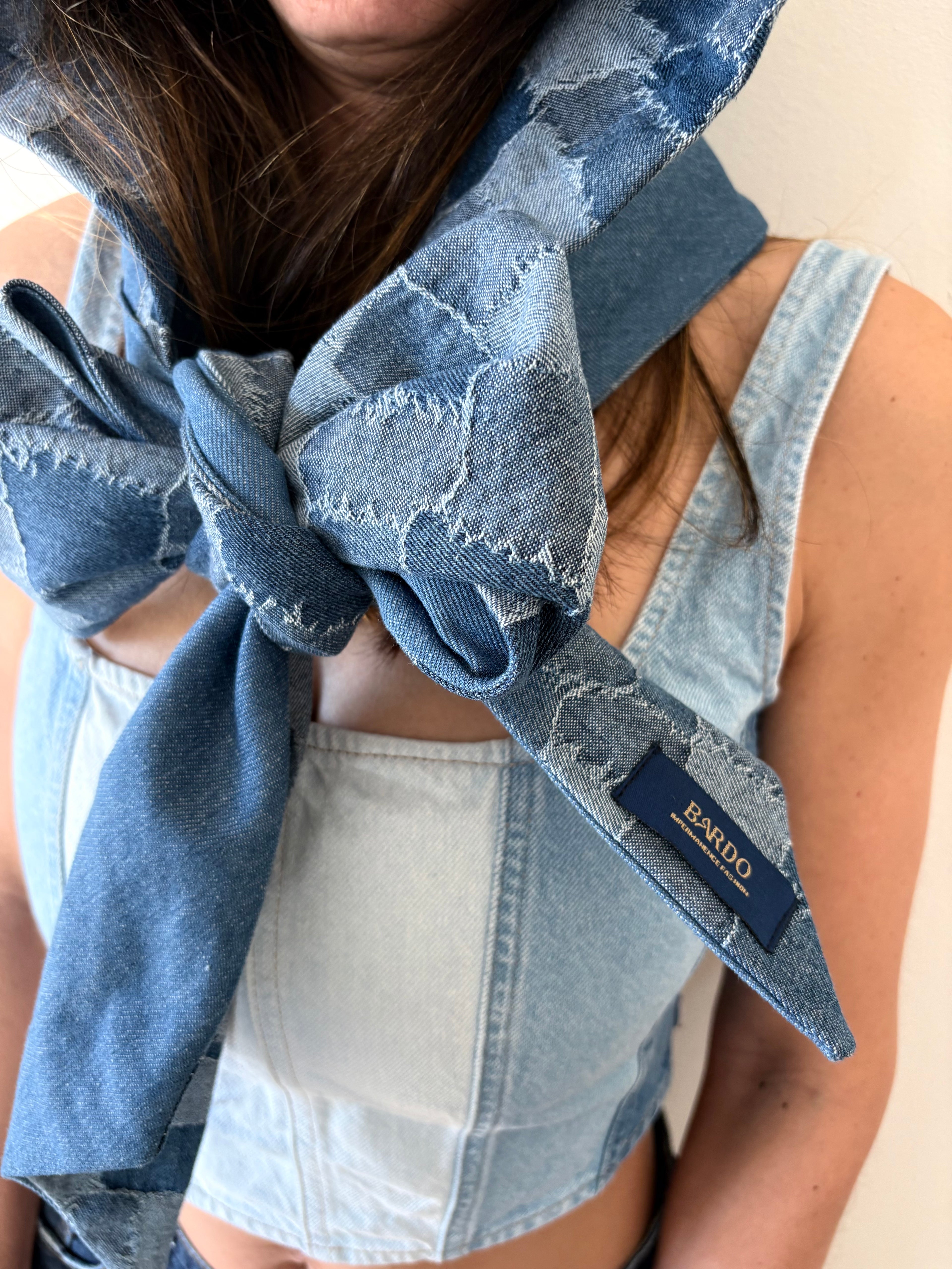 Unisex reversible denim hood wrap