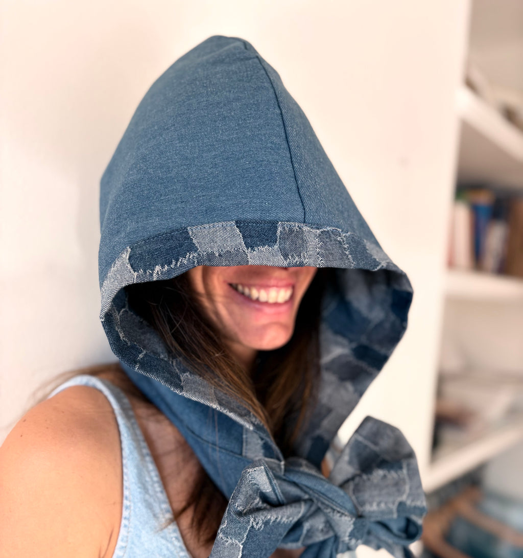 Unisex reversible denim hood wrap