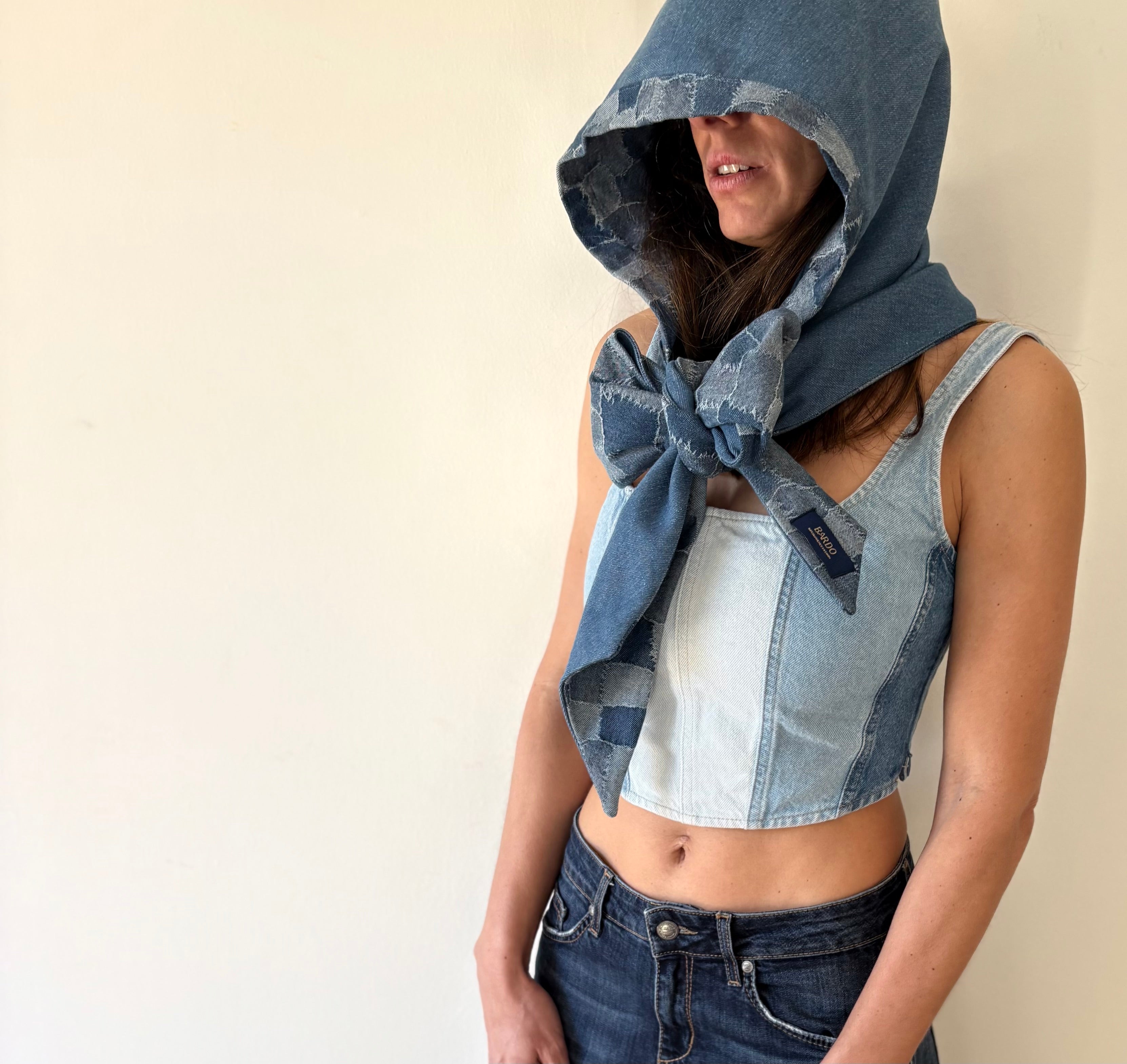 Unisex reversible denim hood wrap