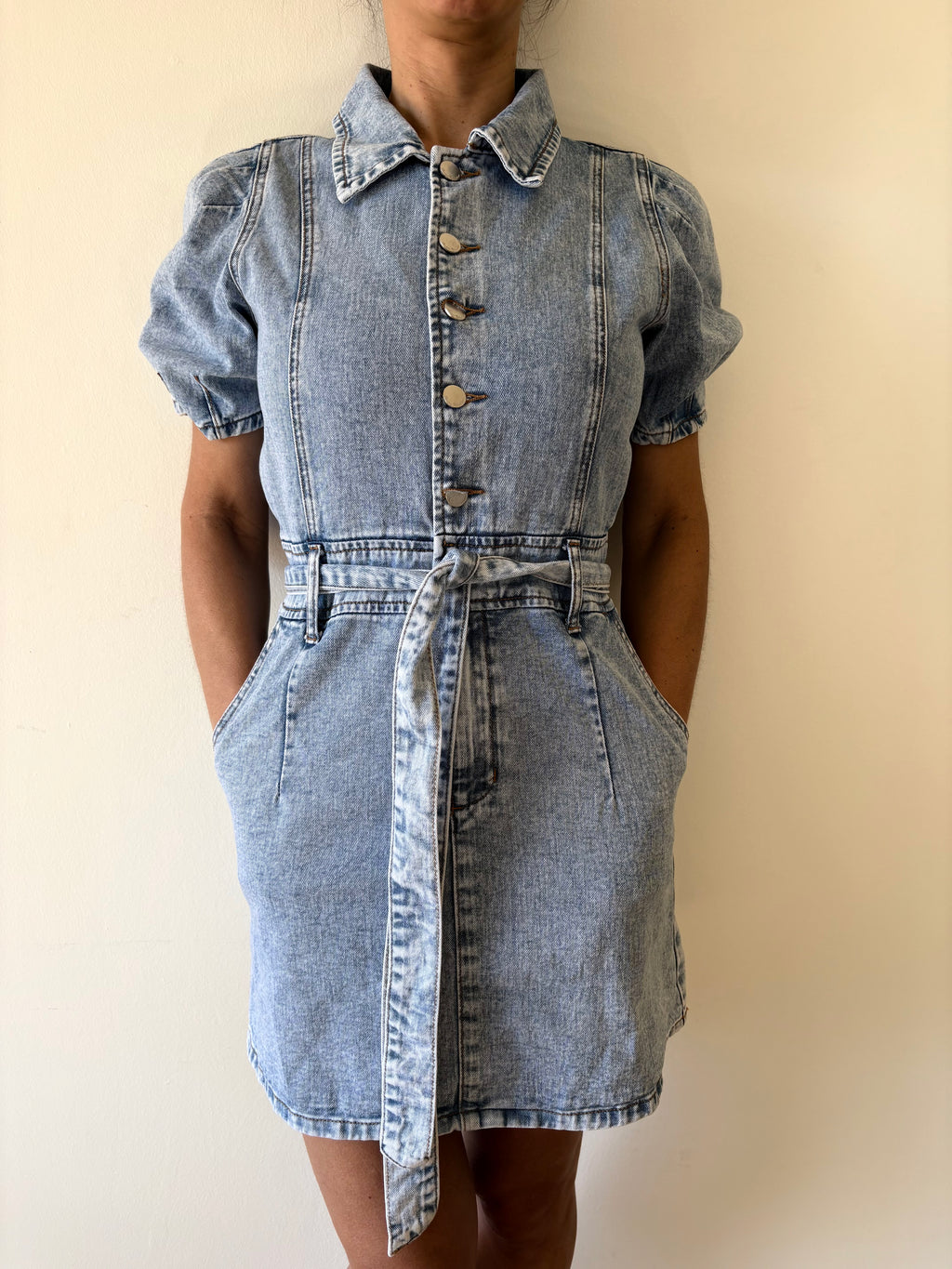 Vintage Denim Shirt Dress With Belt Short Sleeve Light Wash | Bardo