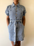 Vintage Denim Shirt Dress With Belt Short Sleeve Light Wash | Bardo