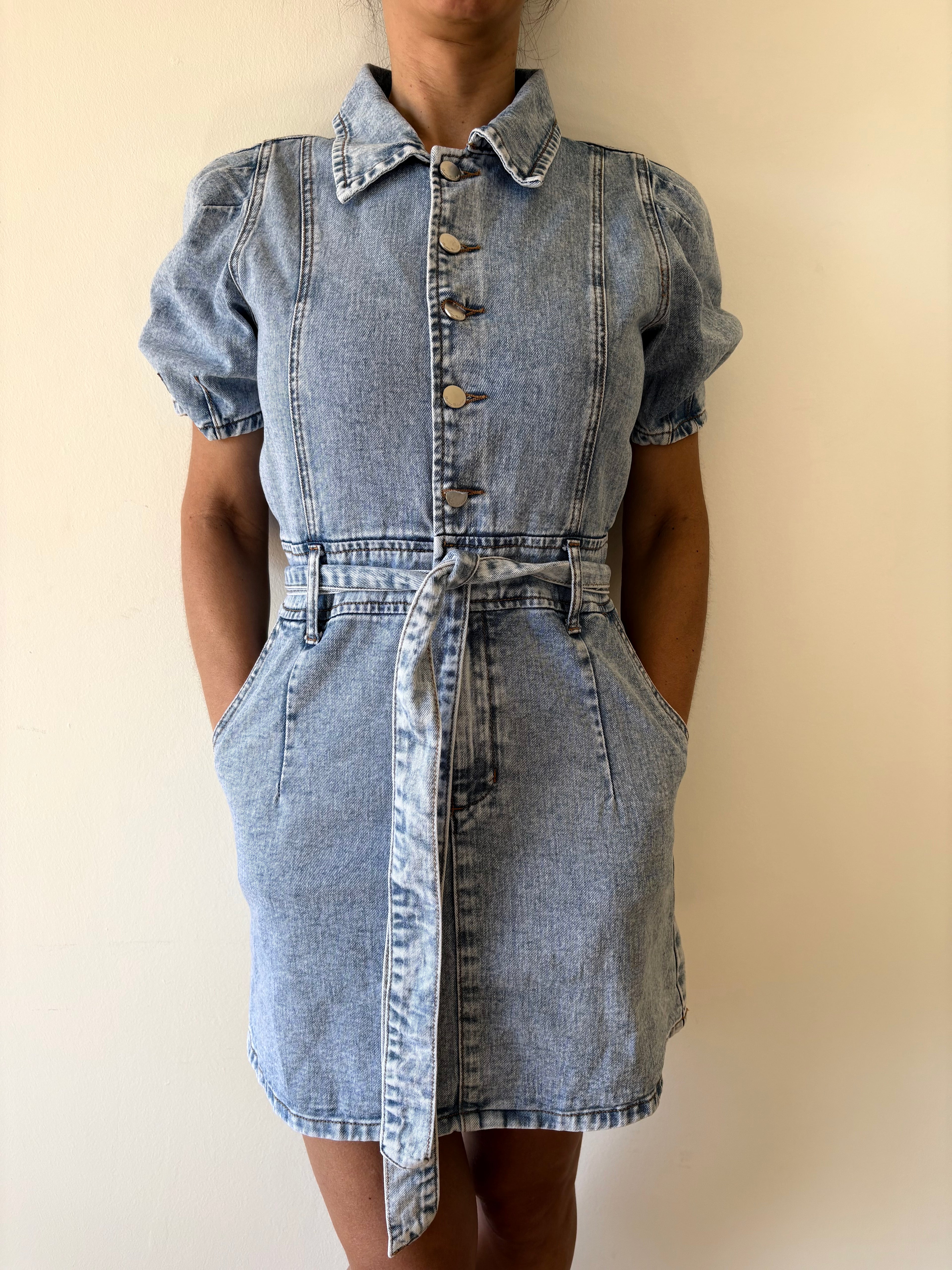 Vintage Denim Shirt Dress With Belt Short Sleeve Light Wash | Bardo