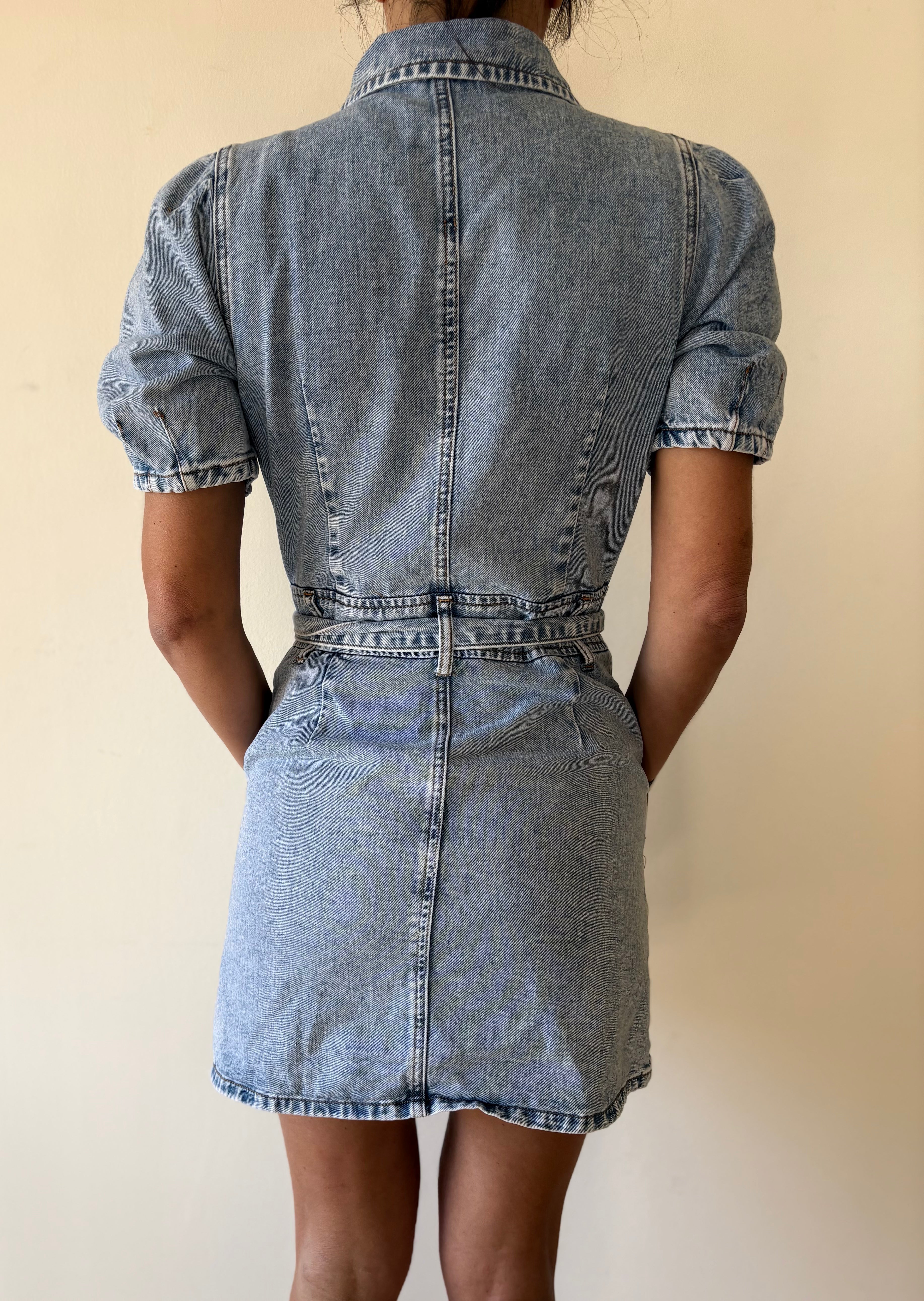 Vintage Denim Shirt Dress With Belt Short Sleeve Light Wash | Bardo