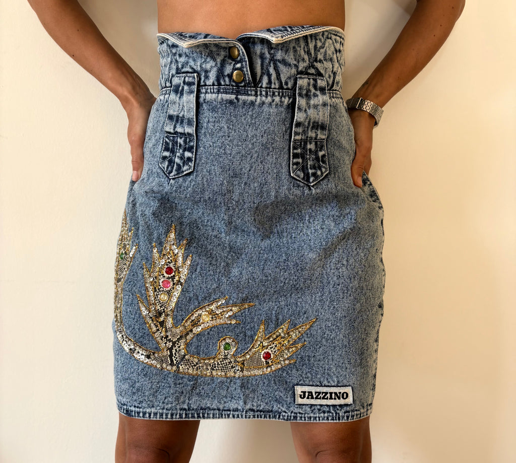 Unique Vintage 90s Denim Skirt Jazzino Embellished High Waist Blue | Bardo