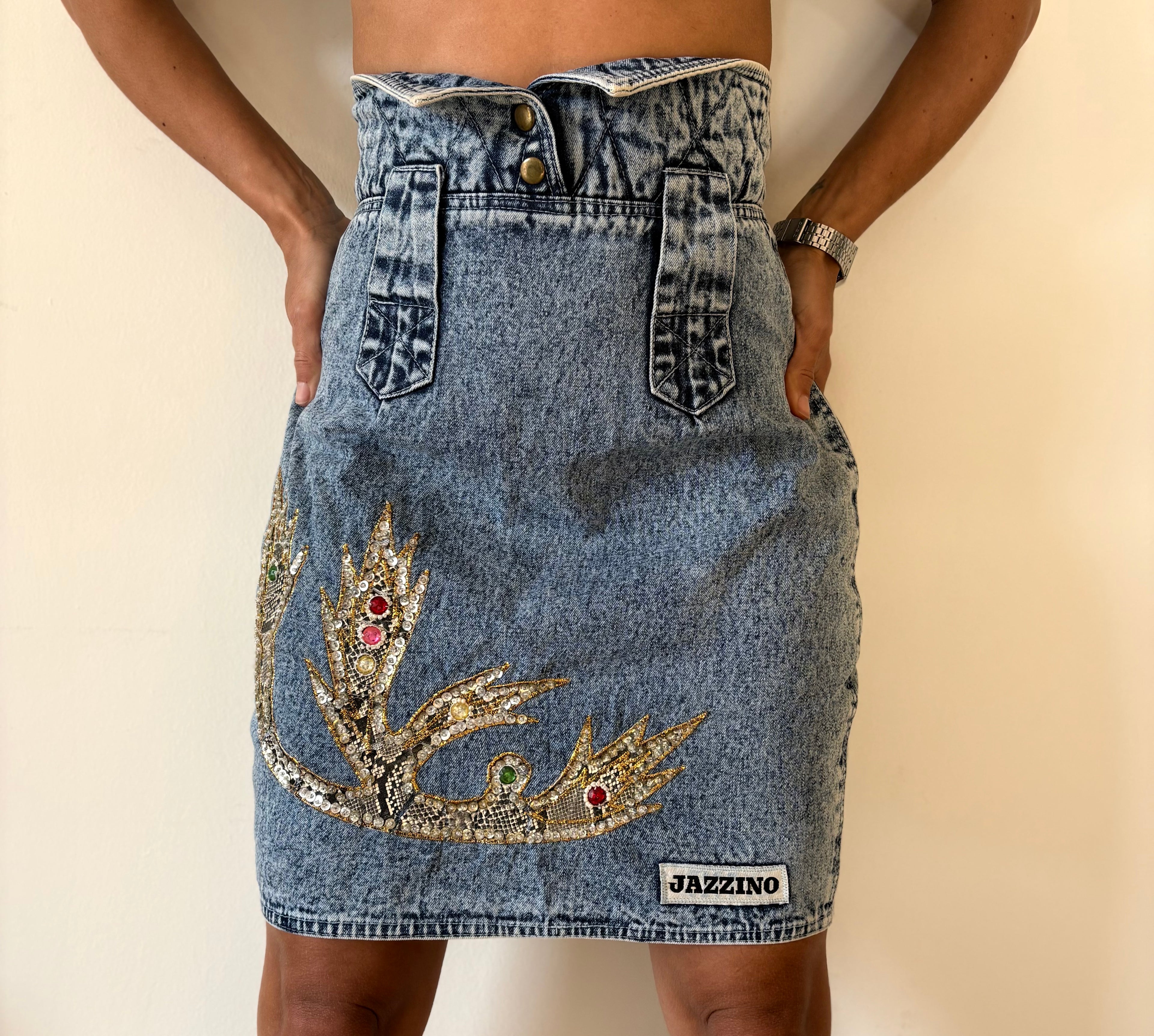 Unique Vintage 90s Denim Skirt Jazzino Embellished High Waist Blue | Bardo