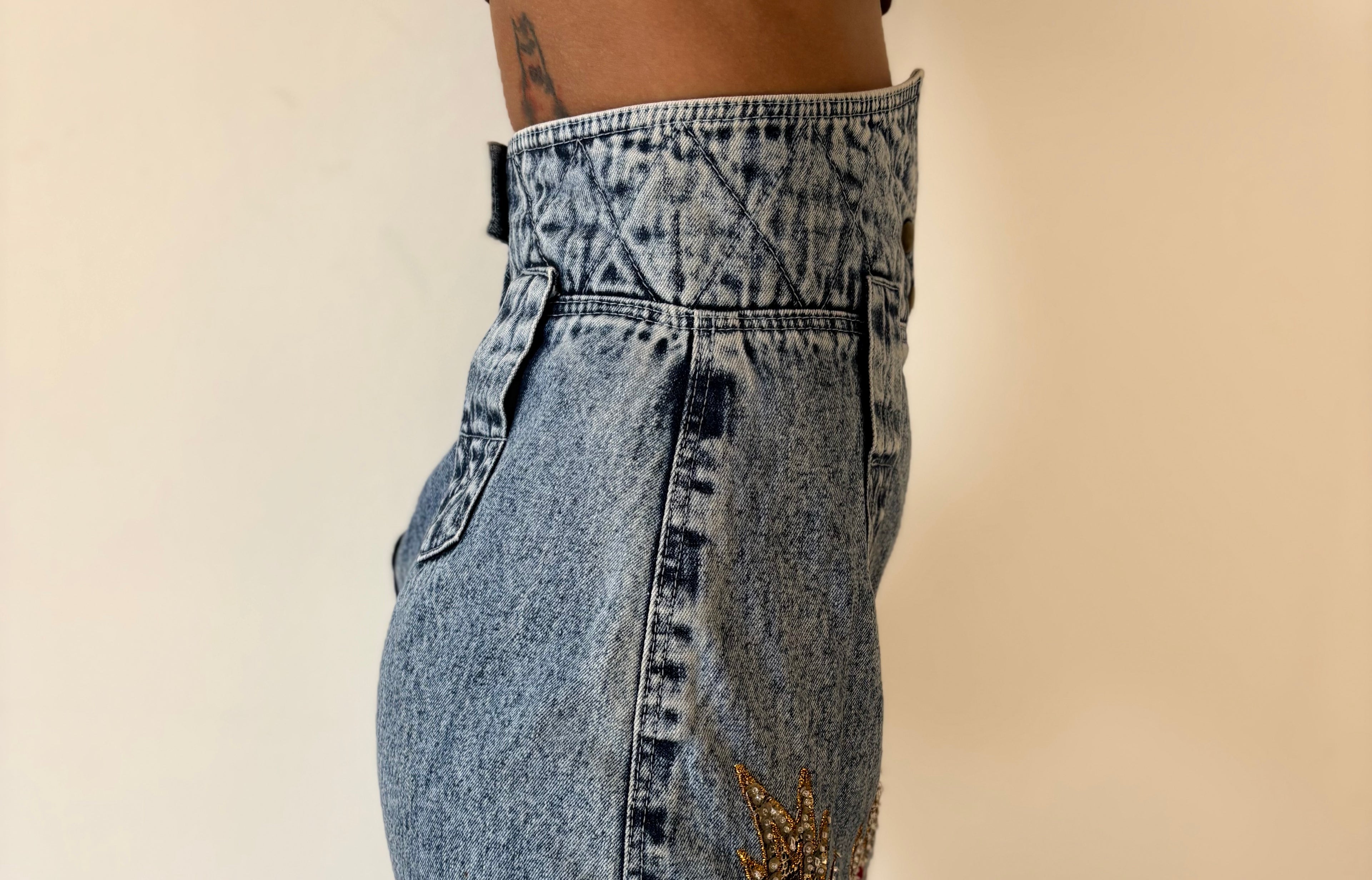 Unique Vintage 90s Denim Skirt Jazzino Embellished High Waist Blue | Bardo