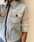 Y2K Cropped Denim Jacket Light Wash Zip Closure Unique Blue | Bardo