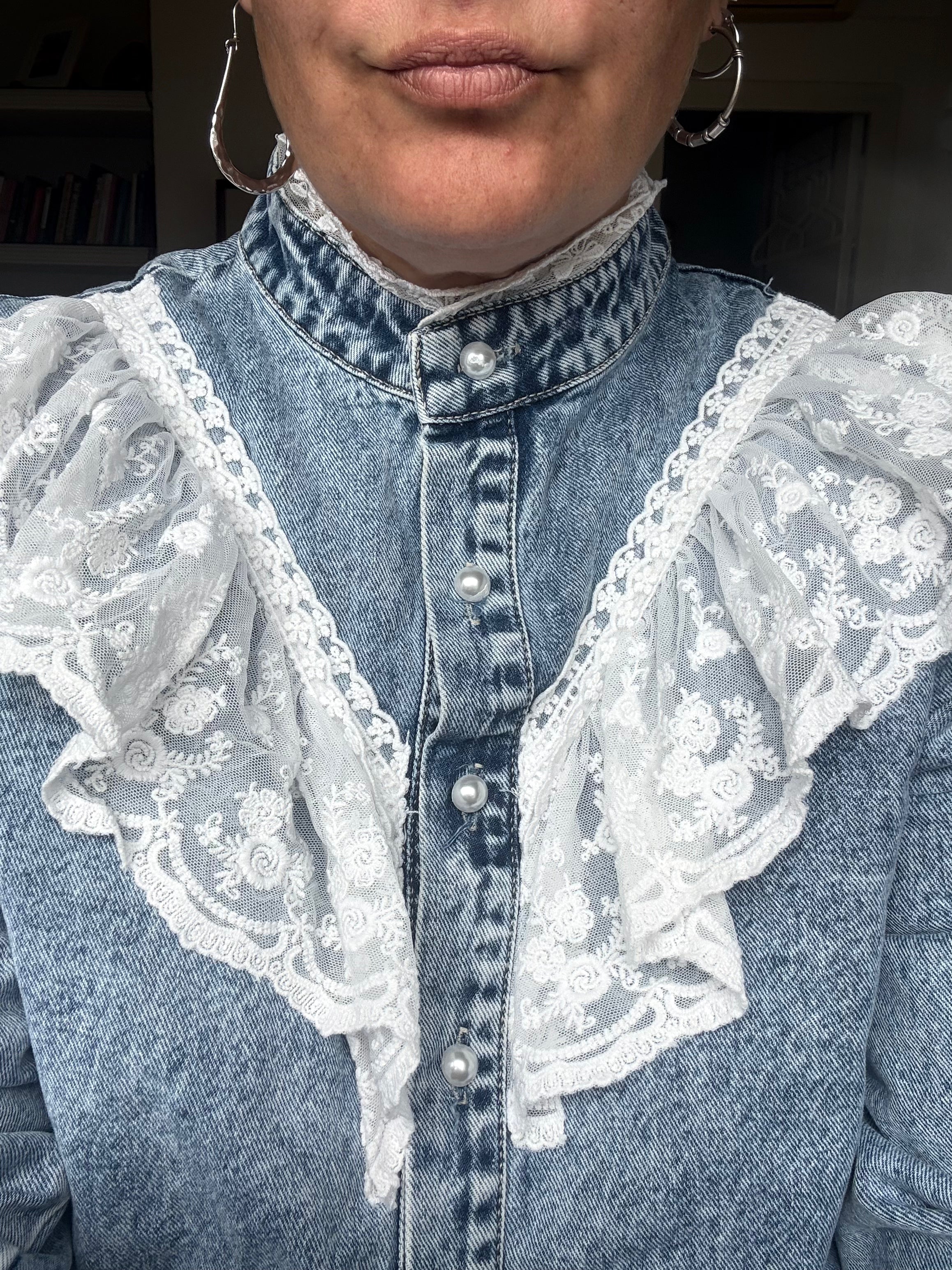 Vintage Victorian Denim Blouse Lace Cotton Collar Unique Blue | Bardo