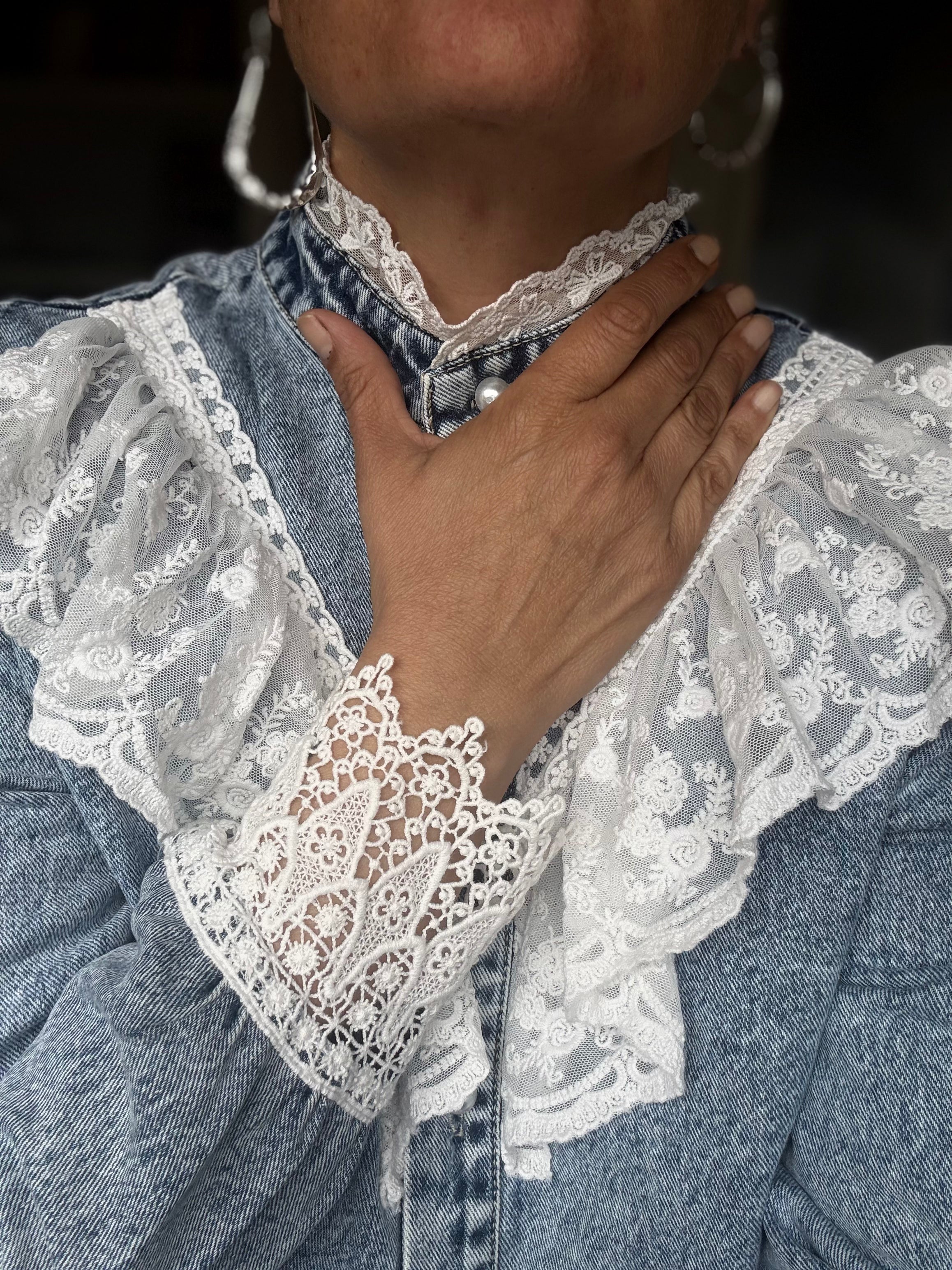 Vintage Victorian Denim Blouse Lace Cotton Collar Unique Blue | Bardo