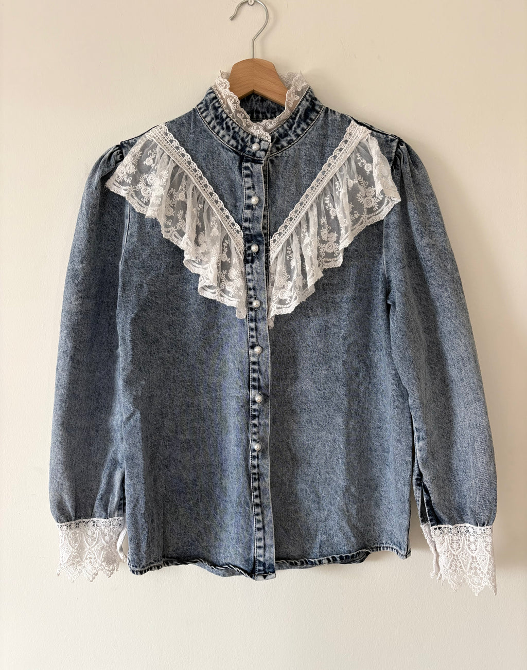 Vintage Victorian Denim Blouse Lace Cotton Collar Unique Blue | Bardo