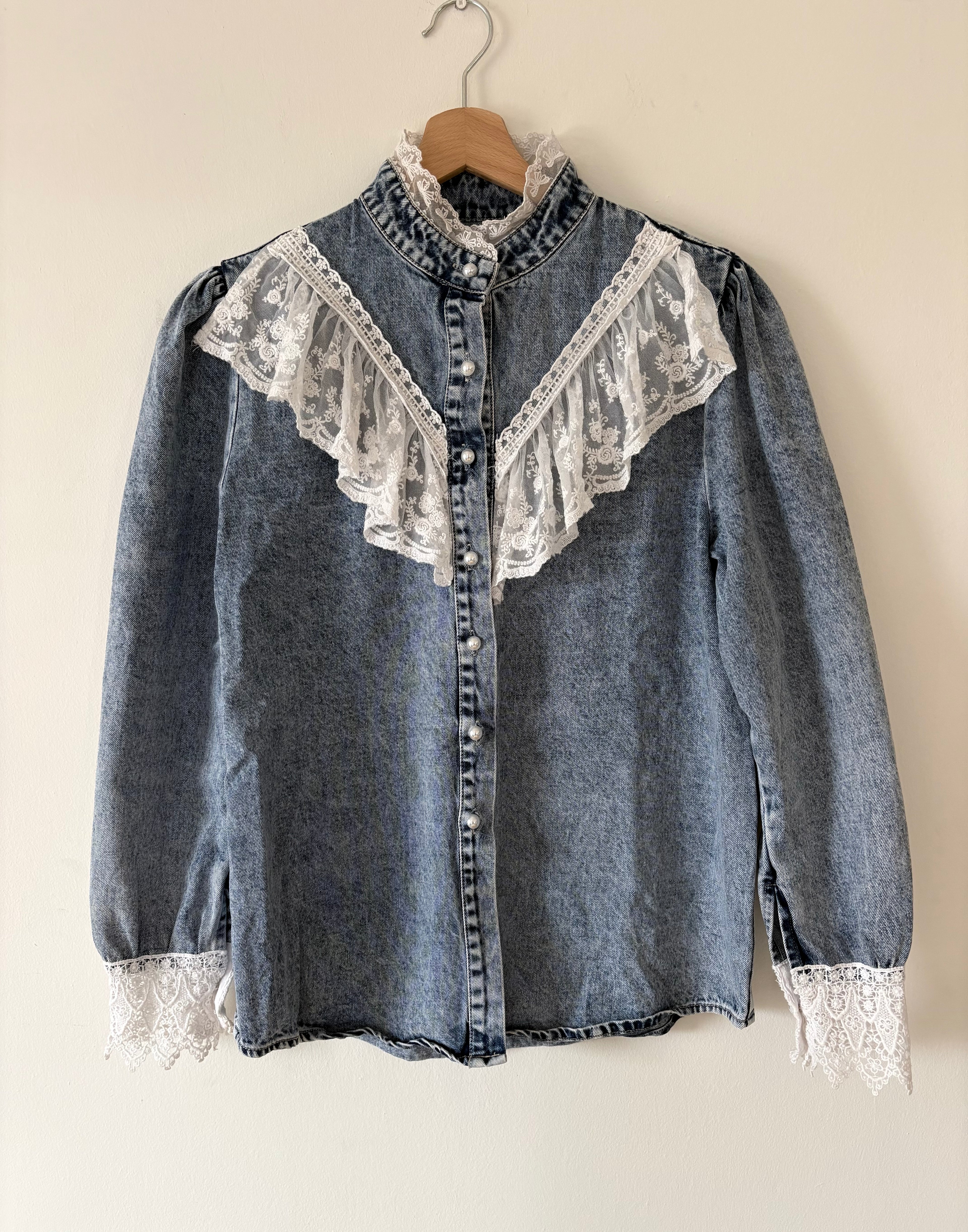 Vintage Victorian Denim Blouse Lace Cotton Collar Unique Blue | Bardo