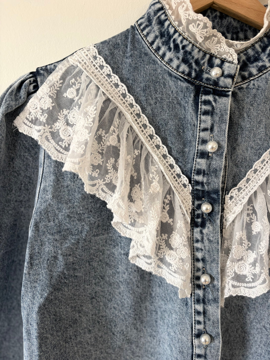 Vintage Victorian Denim Blouse Lace Cotton Collar Unique Blue | Bardo