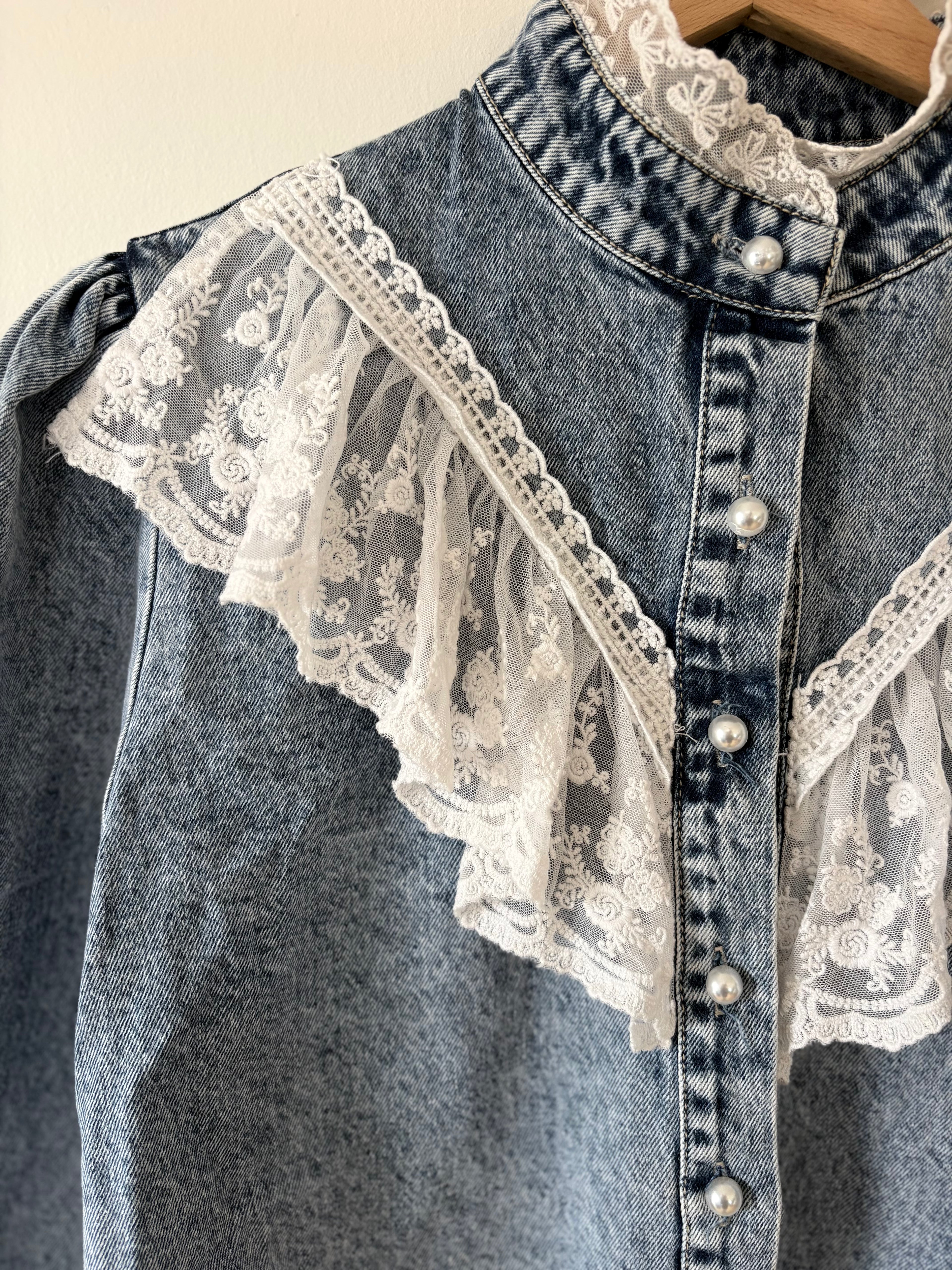 Vintage Victorian Denim Blouse Lace Cotton Collar Unique Blue | Bardo