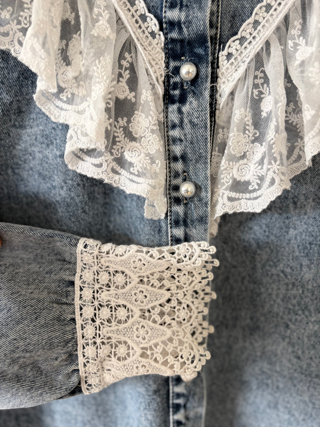 Vintage Victorian Denim Blouse Lace Cotton Collar Unique Blue | Bardo