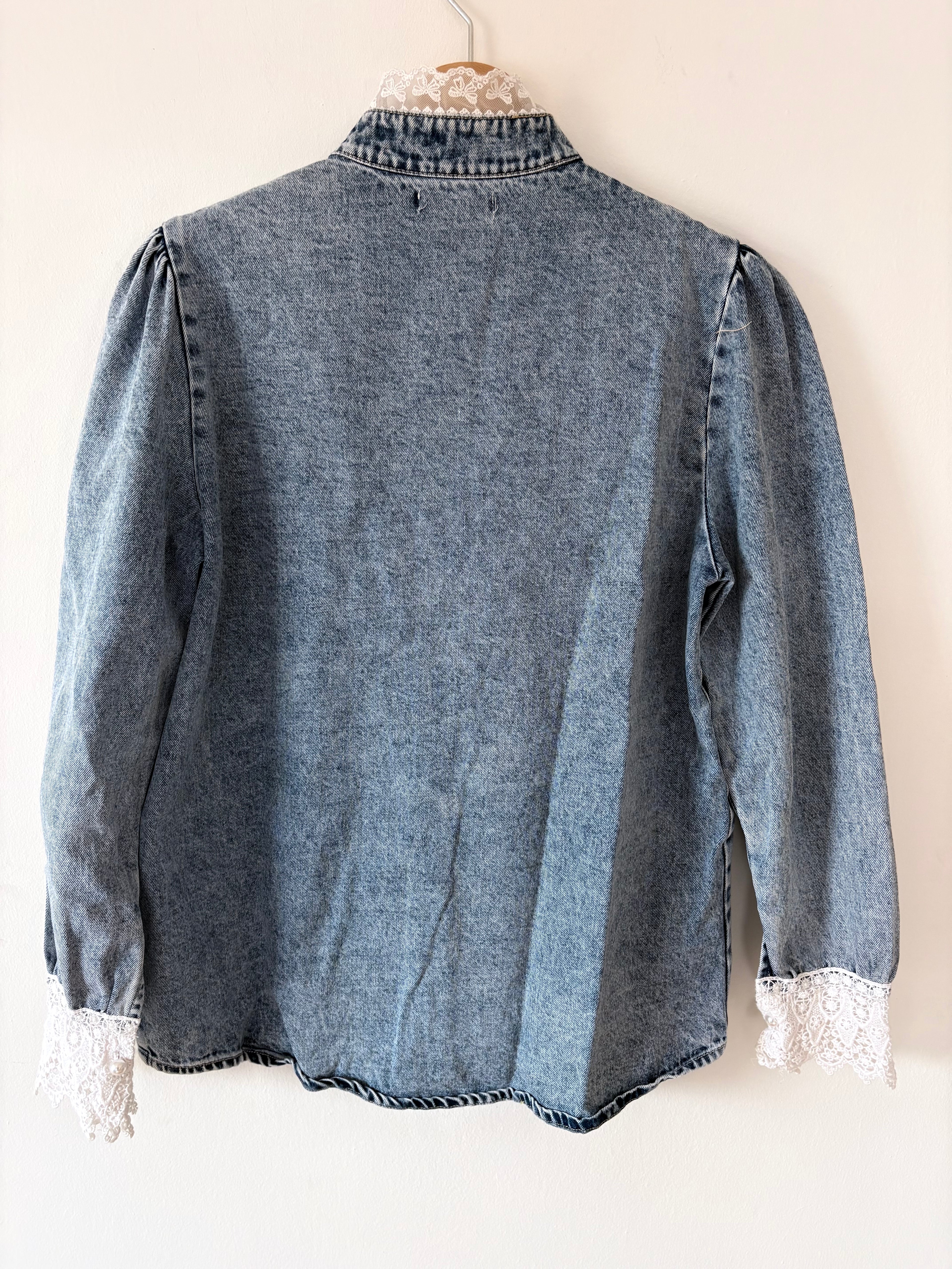 Vintage Victorian Denim Blouse Lace Cotton Collar Unique Blue | Bardo